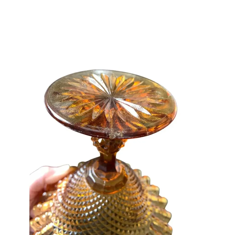 Vintage Amber Glass Ruffle Diamond Pattern Compote Stemmed Candy Dish